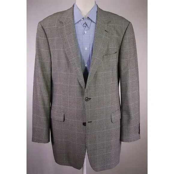 Brooks Brothers Black White Blue Houndstooth Windowpane Wool 2-Btn Sportcoat 46L